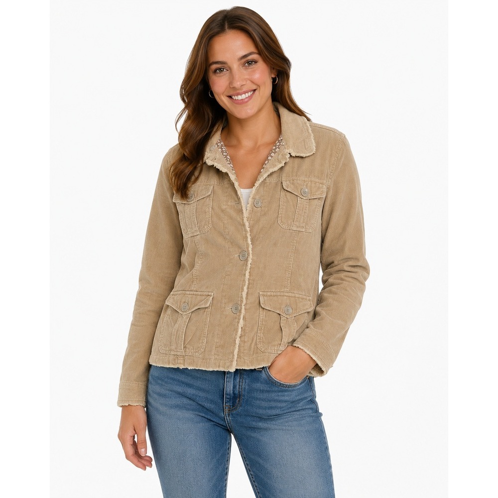 Vanity Tan Corduroy Jacket Women's Size L Faux Shearling Lined Button Front Y2K